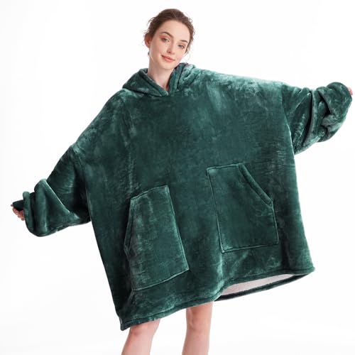 Aemicion Wearable Blanket Hoodie for Adults with 2 Pockets, Green Oversized Sherpa Fleece Blanket, Cozy Christmas Birthday Gift for Women Men,Machine Washable - Image 1