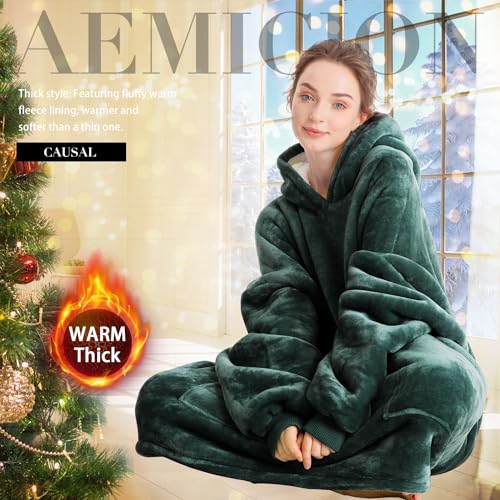 Aemicion Wearable Blanket Hoodie for Adults with 2 Pockets, Green Oversized Sherpa Fleece Blanket, Cozy Christmas Birthday Gift for Women Men,Machine Washable - Image 5