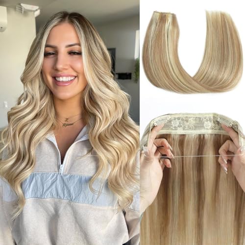 Tinashe Wire Hair Extensions Real Human Hair Straight 12inch 70g Light Blonde Highlighted Golden Blonde Invisible Wire Fish Line Hair Extensions 12 inch 16613 - Image 1