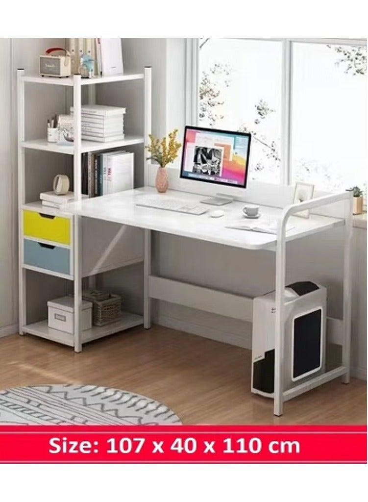 DubaiGallery مكتب كمبيوتر مع 4 أرفف ودرج مكتب دراسة وكتابة مع تخزين مكتبة مكتب قابل للعكس للعمل من المنزل أبيض - Image 1