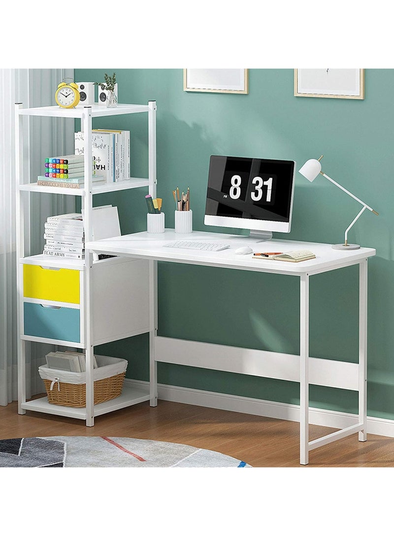 DubaiGallery مكتب كمبيوتر مع 4 أرفف ودرج مكتب دراسة وكتابة مع تخزين مكتبة مكتب قابل للعكس للعمل من المنزل أبيض - Image 3