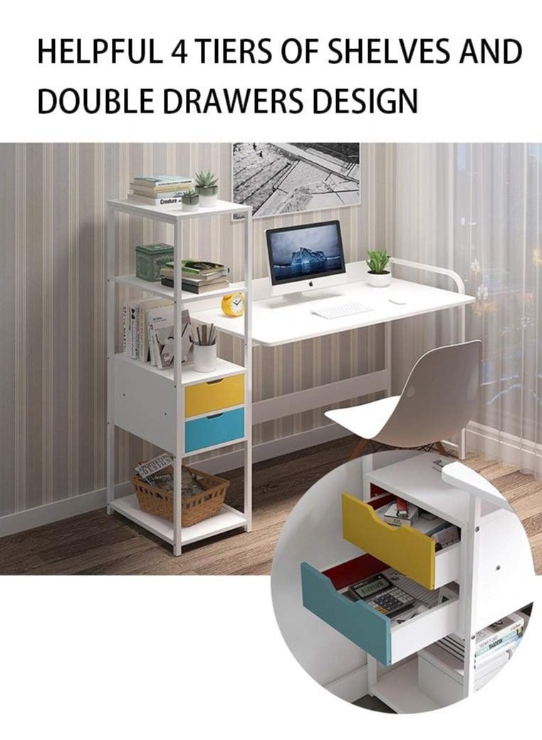 DubaiGallery مكتب كمبيوتر مع 4 أرفف ودرج مكتب دراسة وكتابة مع تخزين مكتبة مكتب قابل للعكس للعمل من المنزل أبيض - Image 4