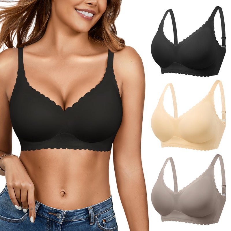 DEANGELMON Wireless Seamless Bras for Women with Support - No Wire Push Up Womens Bra - No Underwire Padded Comfort Bralettes Breast Lift for Back Fat - Coverage Comfortable Bralette Wirefree 3 Pack(3P1,XXL) - Image 1