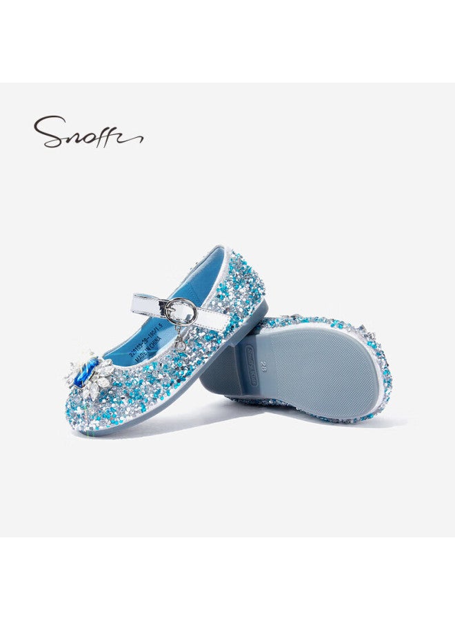 Snoffy أحذية جلدية للبنات، أحذية أميرة إلسا للربيع والخريف، أحذية كريستالية للأطفال، أحذية عروض للأطفال الأكبر سنًا، أحذية بنعل ناعم، أزرق جليدي، المقاس 29 - Image 4