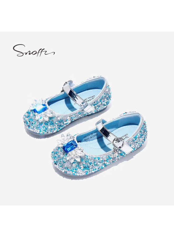 Snoffy أحذية جلدية للبنات، أحذية أميرة إلسا للربيع والخريف، أحذية كريستالية للأطفال، أحذية عروض للأطفال الأكبر سنًا، أحذية بنعل ناعم، أزرق جليدي، المقاس 29 - Image 5