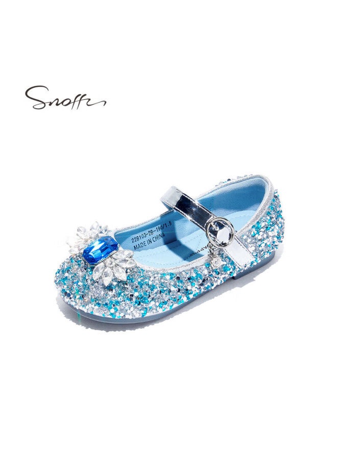Snoffy أحذية جلدية للبنات، أحذية أميرة إلسا للربيع والخريف، أحذية كريستالية للأطفال، أحذية عروض للأطفال الأكبر سنًا، أحذية بنعل ناعم، أزرق جليدي، المقاس 29 - Image 3