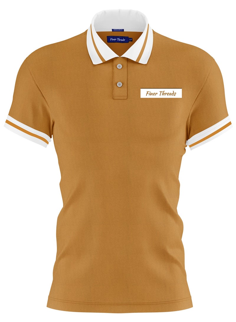 Finer Threads Mustard Men's Polo Shirt with Contrast Collar and Thin Stripes-Regular Fit (M) - Image 1