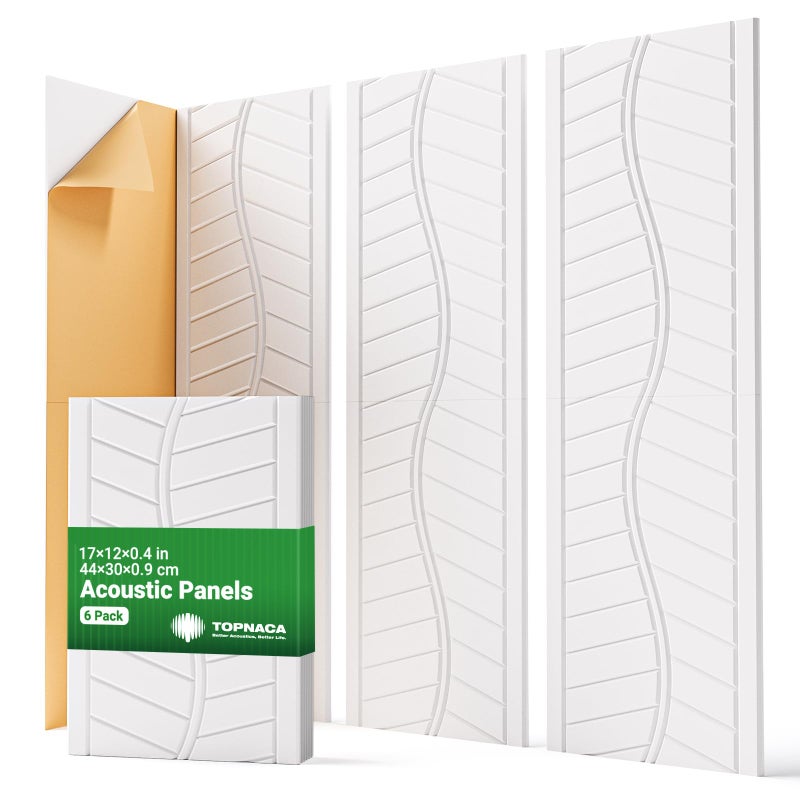 Topnaca 6 Pack Acoustic Panels Sound Absorbing for Recording Studio Walls, White Self-Adhesive Leaf Textured Decorative Art Ceiling Tiles - Acoustical Treatments for Home Office Room Door 17"Ã—12"Ã—0.4" - Image 1