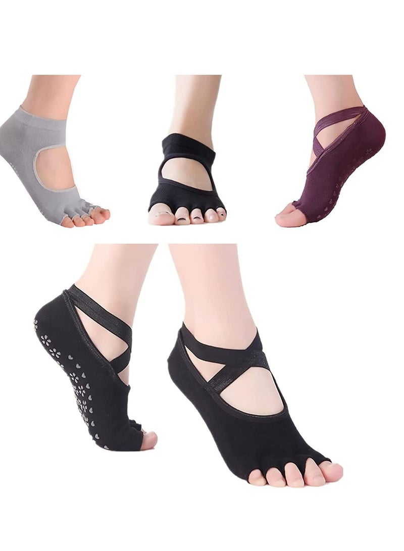 كوينج Yoga Socks for Women, 4 Pairs Non Slip Toeless Five Toe Cotton Slipper Dance Pilates Barre Barefoot Workout - Image 1