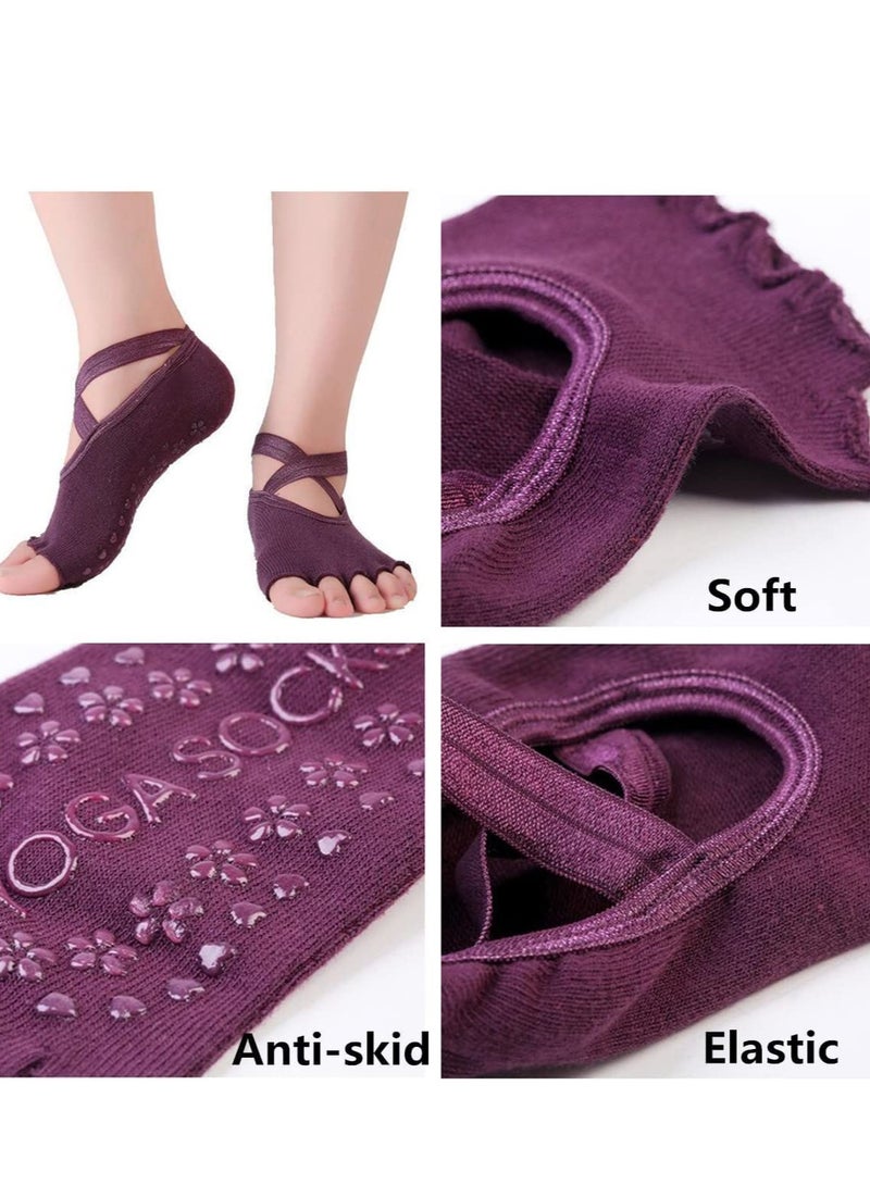 كوينج Yoga Socks for Women, 4 Pairs Non Slip Toeless Five Toe Cotton Slipper Dance Pilates Barre Barefoot Workout - Image 3