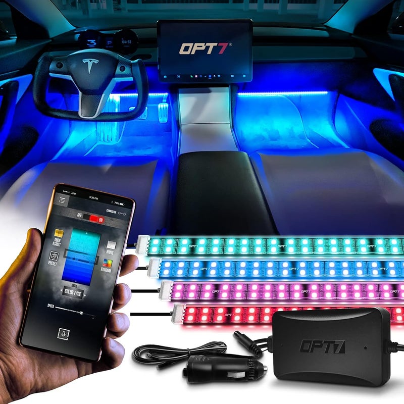 OPT7 Aura Pro 4PC Double LED Interior Car Strip Lights with APP & Remote Control, Multicolor Mode, Sound Active Neon Accent Lighting Kit, Footwell Floor Inside Decor Accessories, 12V Charger Adapter - Image 1
