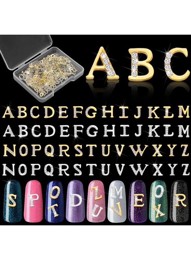 Leelosp 52 Pieces Letters Nail Stud Stickers Alloy Rhinestone Letter Charms 3D Capital Letters Nail Studs Alphabet Nail Charms English Nail Decoration For Women Girls Nail Accessories Home Salon Gold Silver  - Image 2