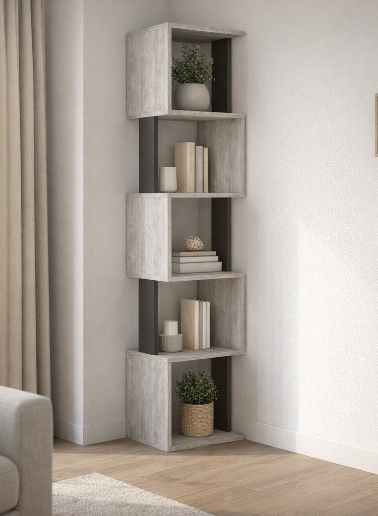 Mourah Home Piri Corner Bookcase Modern Book Shelf Cabinet 5 Tier Multi Storage Bookshelf Rack Display Unit For Bedroom Living Room  30X35X161Cm (Ancient White/Dark Grey) - Image 1