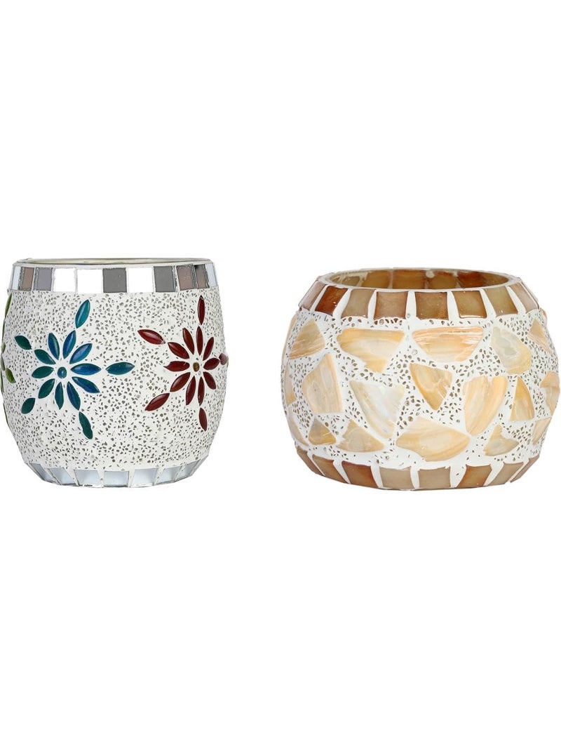 Somil Multicolor Glass Tea Light Holder for Festival, Party, and Diwali, Ideal for Candle Light Dinner. Size: 8.5 X 8.5 X 9 Cm, 8.5 X 8.5 X 7 Cm, Pack of 2 - Image 1