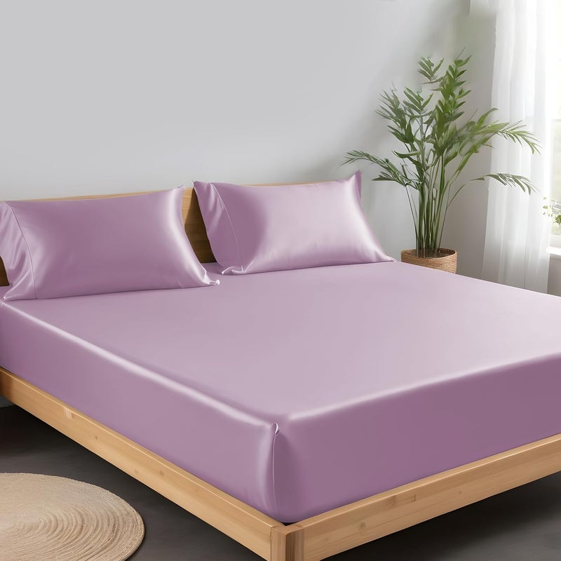 LINENWALAS 100 Organic Vegan Bamboo Silk Fitted Bedsheet for Single Bed Size with Pillow Cover for Bedroom Soft Smooth Hotel Quality Premium Bottom Sheets for Summer 78x36 Inch Lilac - Image 2