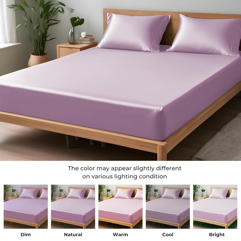 LINENWALAS 100 Organic Vegan Bamboo Silk Fitted Bedsheet for Single Bed Size with Pillow Cover for Bedroom Soft Smooth Hotel Quality Premium Bottom Sheets for Summer 78x36 Inch Lilac - Image 5