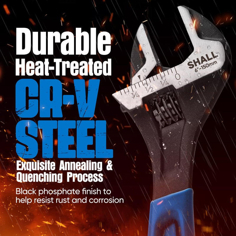 SHALL 6 Inch Adjustable Wrench, Cr-V Steel Spanner with Cushion Grip, Wide Jaw Black Oxide Wrench with Laser-etched SAE Scales for Home, Garage, Workshop and DIY - Image 3