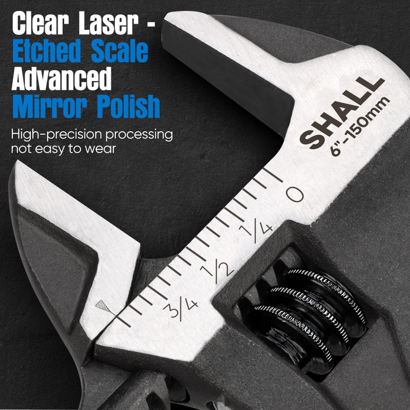 SHALL 6 Inch Adjustable Wrench, Cr-V Steel Spanner with Cushion Grip, Wide Jaw Black Oxide Wrench with Laser-etched SAE Scales for Home, Garage, Workshop and DIY - Image 4