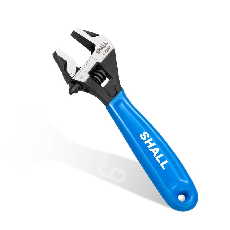 SHALL 6 Inch Adjustable Wrench, Cr-V Steel Spanner with Cushion Grip, Wide Jaw Black Oxide Wrench with Laser-etched SAE Scales for Home, Garage, Workshop and DIY - Image 1