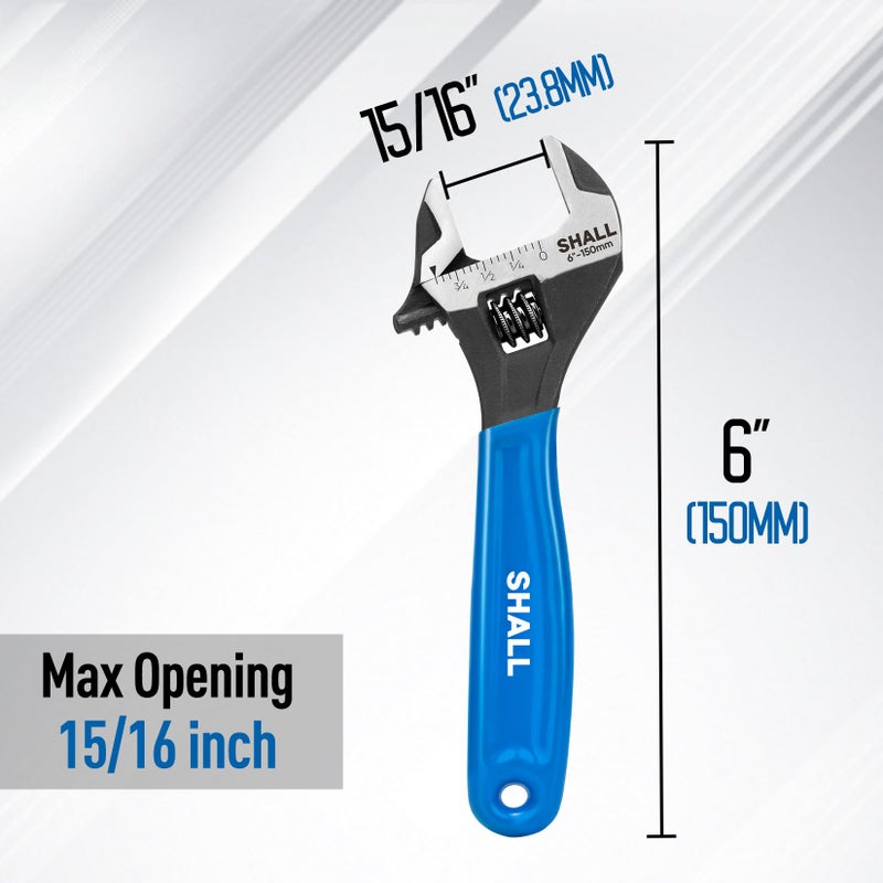 SHALL 6 Inch Adjustable Wrench, Cr-V Steel Spanner with Cushion Grip, Wide Jaw Black Oxide Wrench with Laser-etched SAE Scales for Home, Garage, Workshop and DIY - Image 2