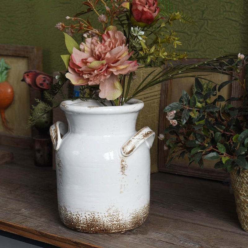 Quoowiit Ceramic Rustic Farmhouse Vase, Distressed Decorative Flower Vase for Home Decor, Ideal Shelf Decor, White Boho Vase for Living Room Bedroom Kitchen Office Decor Centerpiece Table Decorations - Image 4
