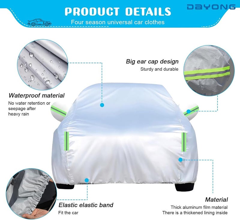 DAYONG Car Cover, All Weather Waterproof Full Cover for Sedan SUV, Cotton Lining Door Zipper, Windproof Straps, Dustproof Sun Protection Car Tarp for Automobiles.(YL-485 * 190 * 185CM) - Image 5