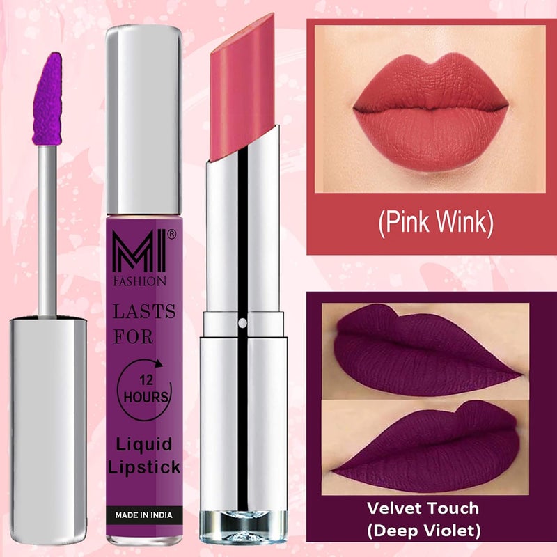 MI Fashion Made in India Lipstick Combo Offers 100 Veg Long Lasting Deep Violet Liquid Matte Lipstick Pink Wink Creamy Matte Lipstick - Image 3
