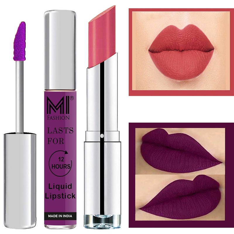 MI Fashion Made in India Lipstick Combo Offers 100 Veg Long Lasting Deep Violet Liquid Matte Lipstick Pink Wink Creamy Matte Lipstick - Image 1