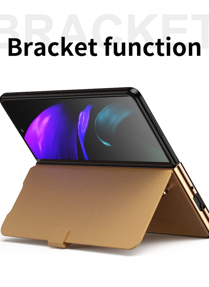 Generic Phone Case for Samsung Galaxy Z Fold 3, Anti-Slip Shock Resistant Full Protection Luxury Leather with Detachable S Pen Holder Comfortable Hand Feel 3 (Gold)  - Image 3