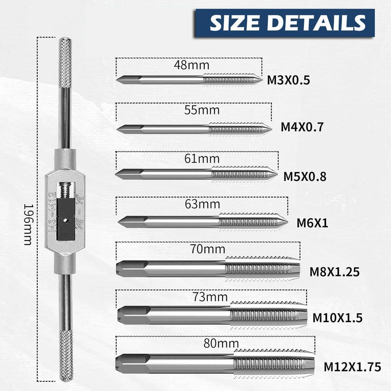 Inditrust Tap Wrench Set, 8 Pieces, M3-M12 Thread Metric Plug Tap and Drill Bits, Adjustable 1/8-1/2 inch - Image 5