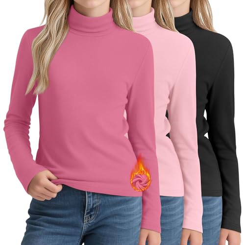 LessonZoo 3 Pack Girls Turtleneck T Shirt, Fleece Mock Neck Thermal Tops Long Sleeve Kids Sweater Soft Base Layer Undershirt(Rose Red, Coral Pink, Black,7-8 Years) - Image 1