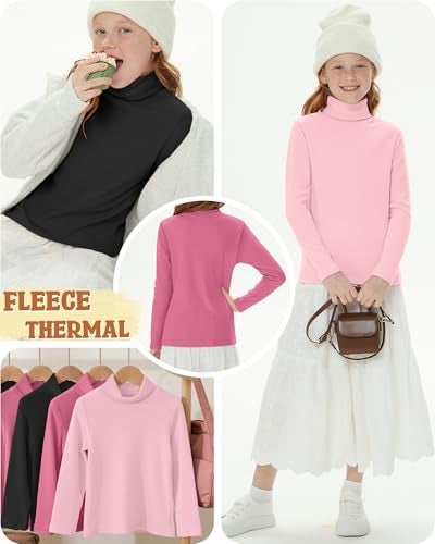 LessonZoo 3 Pack Girls Turtleneck T Shirt, Fleece Mock Neck Thermal Tops Long Sleeve Kids Sweater Soft Base Layer Undershirt(Rose Red, Coral Pink, Black,7-8 Years) - Image 4