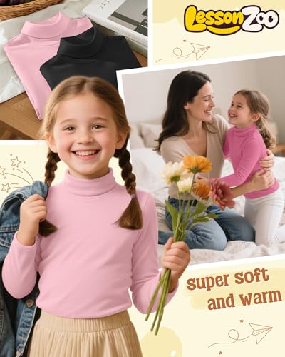 LessonZoo 3 Pack Girls Turtleneck T Shirt, Fleece Mock Neck Thermal Tops Long Sleeve Kids Sweater Soft Base Layer Undershirt(Rose Red, Coral Pink, Black,7-8 Years) - Image 2