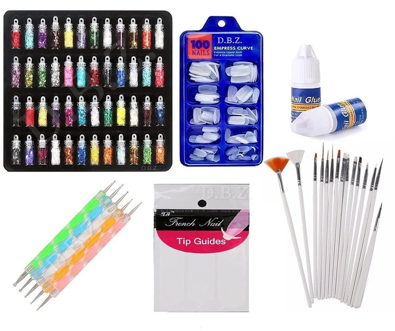 DBZ D.B.Z. Nail art kit 48 Glass Bottles Glitter Stones 100 Nails 10 Nail Tipping Guide 15 Brush 5 Dotting with Glue (Nail Art Kit) - Image 1
