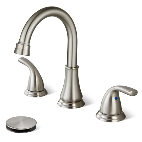 Cinwiny Widespread Bathroom Sink Faucet Deck Mounted 3 Hole 8 inch Bathroom Vanity Faucet 2 Handles Basin Mixer Tap with Pop up Drain,Brushed Nickel - Image 1