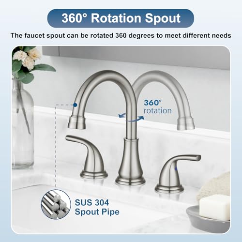 Cinwiny Widespread Bathroom Sink Faucet Deck Mounted 3 Hole 8 inch Bathroom Vanity Faucet 2 Handles Basin Mixer Tap with Pop up Drain,Brushed Nickel - Image 3