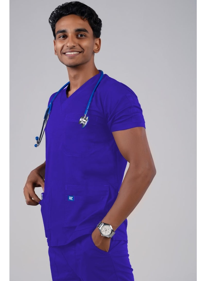 RZ Scrub Comfortable Lycra  Blue (zahri) fabric with many pockets is meticulously crafted to retain its color without fading with repeated washing - Image 2