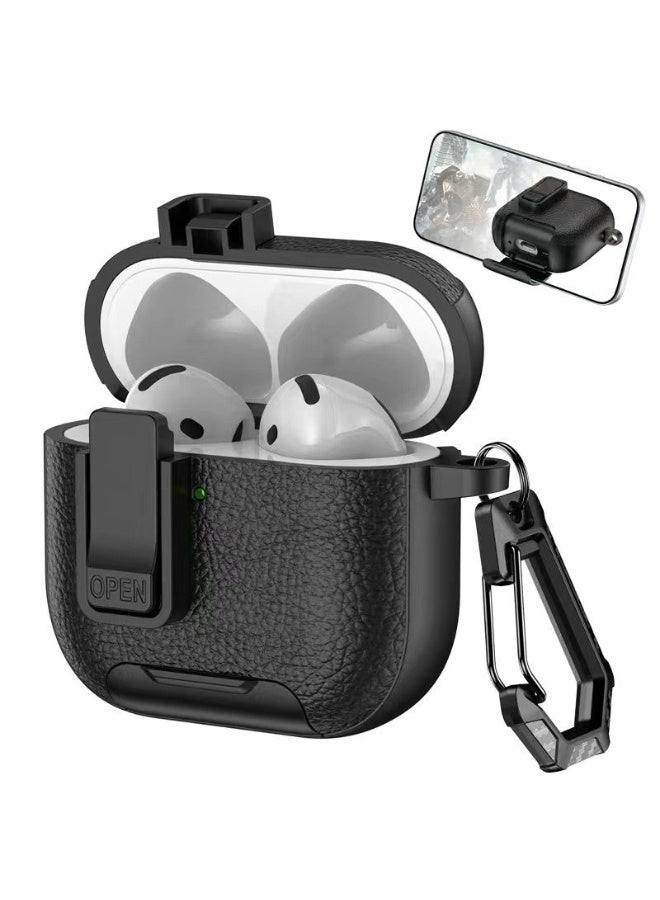 AirPods Pro 3 Locking Leather Case with Carabiner & Phone Stand - Anti-Loss Secure Cover for Apple AirPods Charging Case (Black) - Image 1