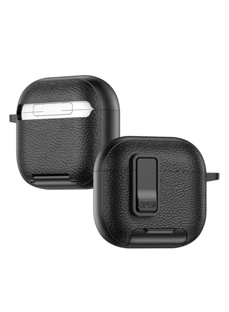 AirPods Pro 3 Locking Leather Case with Carabiner & Phone Stand - Anti-Loss Secure Cover for Apple AirPods Charging Case (Black) - Image 3