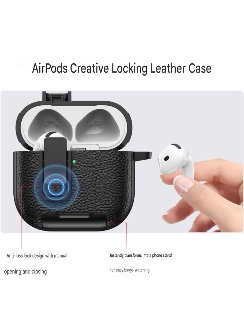AirPods Pro 3 Locking Leather Case with Carabiner & Phone Stand - Anti-Loss Secure Cover for Apple AirPods Charging Case (Black) - Image 2