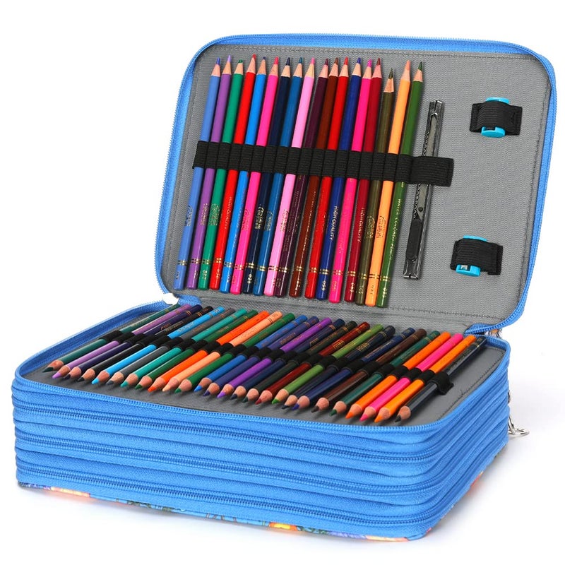 Vomgomfom Colored Pencil Case - 200 Slots Pencil Holder with Zipper Closure Twill Fabric Large Capacity Pencil Case for Watercolor Pens or Markers, Pencil Case Organizer for Artist (Blue Flower) - Image 4