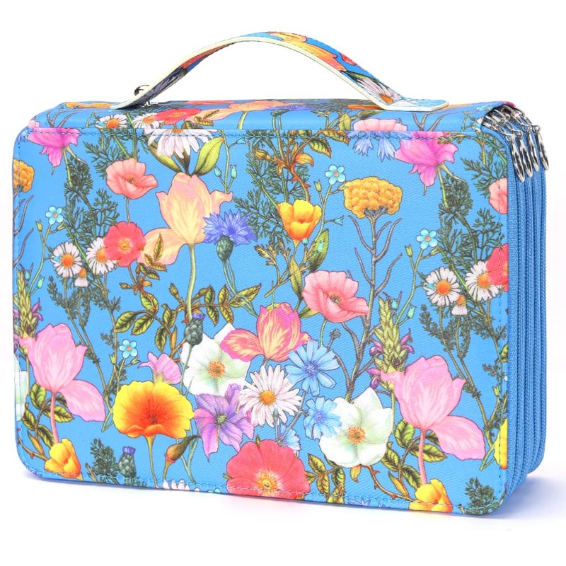 Vomgomfom Colored Pencil Case - 200 Slots Pencil Holder with Zipper Closure Twill Fabric Large Capacity Pencil Case for Watercolor Pens or Markers, Pencil Case Organizer for Artist (Blue Flower) - Image 1