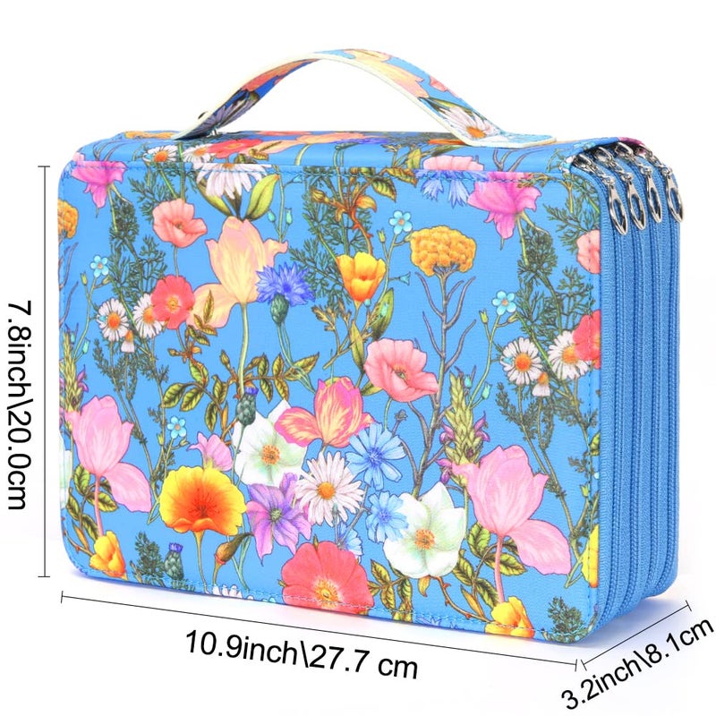 Vomgomfom Colored Pencil Case - 200 Slots Pencil Holder with Zipper Closure Twill Fabric Large Capacity Pencil Case for Watercolor Pens or Markers, Pencil Case Organizer for Artist (Blue Flower) - Image 2