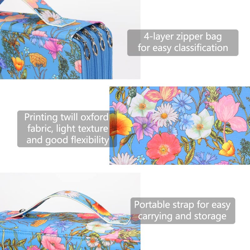 Vomgomfom Colored Pencil Case - 200 Slots Pencil Holder with Zipper Closure Twill Fabric Large Capacity Pencil Case for Watercolor Pens or Markers, Pencil Case Organizer for Artist (Blue Flower) - Image 3