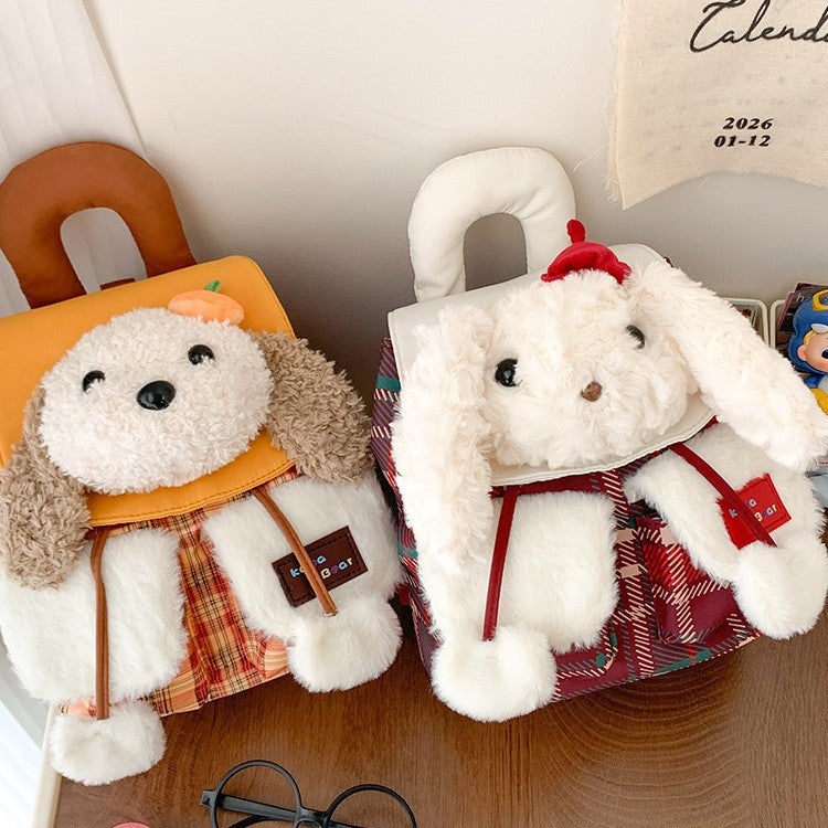 Cute Plush Dog Face Flap Mini Backpack Cartoon Plaid Casual Women's Bag - Image 5