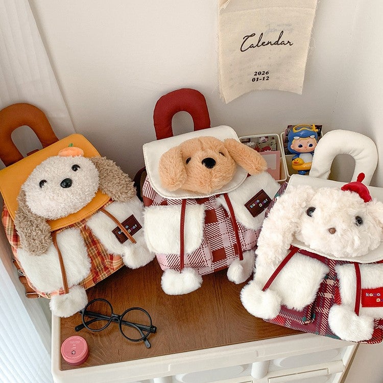 Cute Plush Dog Face Flap Mini Backpack Cartoon Plaid Casual Women's Bag - Image 2