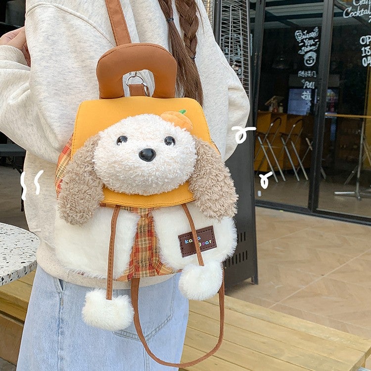 Cute Plush Dog Face Flap Mini Backpack Cartoon Plaid Casual Women's Bag - Image 3