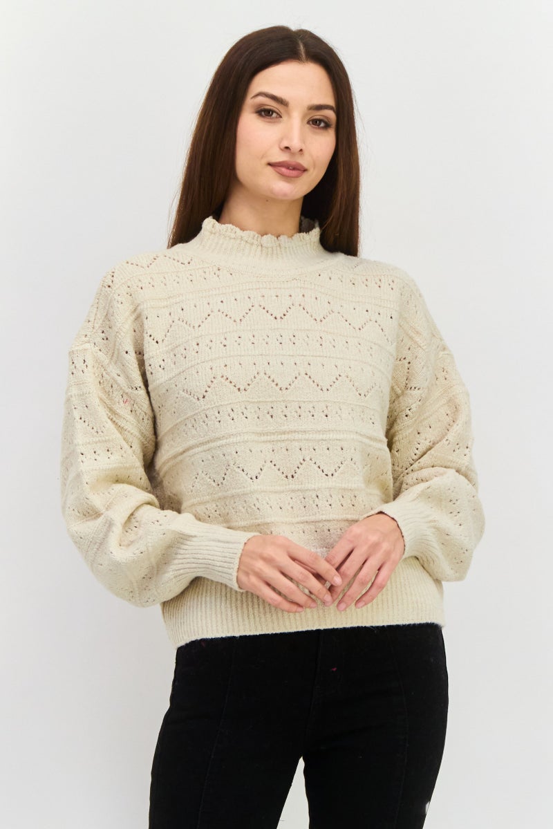 DEX سويت شيرت محبوك برقبة عالية للنساء، بيج - Image 1