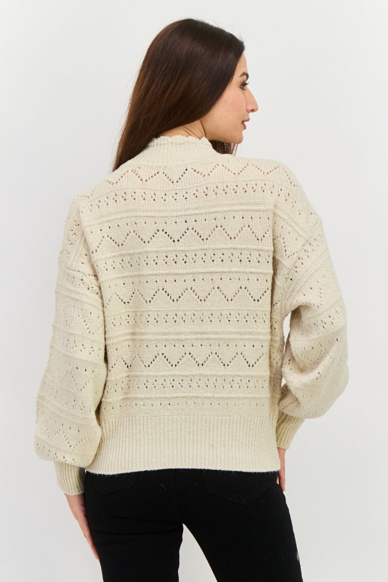 DEX سويت شيرت محبوك برقبة عالية للنساء، بيج - Image 3