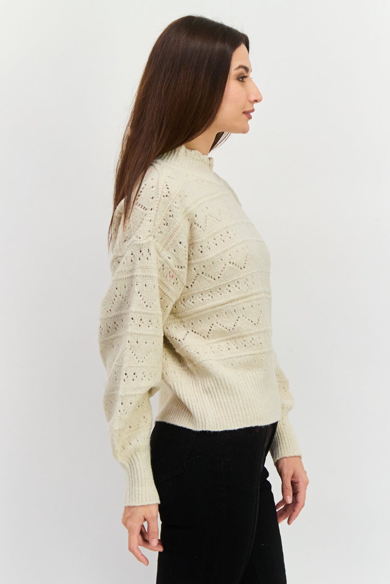 DEX سويت شيرت محبوك برقبة عالية للنساء، بيج - Image 2